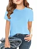Haloumoning T-Shirt Mädchen Sommer Kurzarm Tops Kinder Tshirts Einfarbige Casual Sport Rundhalsausschnitt Tees Oberteile Blau 150