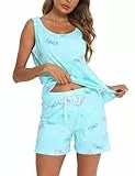 ENJOYNIGHT Damen Schlafanzug Kurz Sommer Pyjama Set Ärmellos Top und Shorts Nachtwäsche Frauen Baumwolle Hausanzug (Medium,Blauer Schmetterling)