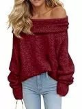 Saodimallsu Damen Pullover Schulterfrei Langarm Strickpullover Lose Grobstrick Jumper Sweater Einfarbig Casual Winter Pulli Weinrot S