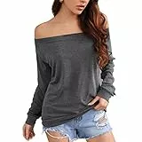 Damen Freizeit Locker Bluse Solide Tunika Hemd Schulterfreier Elegant Langarmshirt Einfarbiges Langarm Tops Casual Arbeit Oberteile(S-Grau)