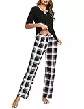Bresdk Schlafanzug Damen Lang Kurzarm Pyjama Set Baumwolle Winter Nachtwäsche Schwarz M