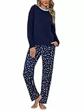 Litherday Schlafanzug Damen Lang Winter Pyjamas Set Baumwolle Zweiteiliger Langarm Nachtwäsche Rundhals Sleepwear Hausanzug Pyjamahose mit Herzmuster Dunkelblau-B M