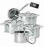 Moritz & Moritz 5-teiliges Kochtopfset inkl. 4 Glasdeckel - Edelstahl Topfset Induktion & alle Herdarten - stylische Töpfe mit Deckel & Stielkasserolle - Geeignet für Spülmaschine & Backofen