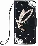 Hülle für Oppo A5 4G CPH2727 Beutel Flip Case 3D Rhinestone Glitzer Handyhülle Brieftasche PU Handytaschen Etui Schutzhülle Schwarzes Ledertasche Engel Muster für Oppo A5 4G CPH2727