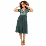 Maya Deluxe Damen Midi-Kleid mit V-Ausschnitt, Verziert Brautjungfernkleid, Emerald Green, 38