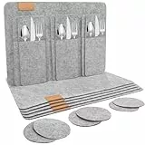 shinfly Tischsets Abwaschbar Platzsets aus Filz 18er Set, Abwischbar Tischsets, Hitzebeständig rutschfest Platzdeckchen mit Untersetzer, BestecksäCken für Küche, Speisetisch, 44x31cm 【Hellgrau】