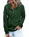 Xnova Pullover Hoodie Damen Knopfleiste Langarm Winter Herbst, Basic Kapuzenpullover Sweatshirt Fleece-Futter Warm Modische, Freizeit Sport Oberteil mit Kapuze Pulli Streetwear (Grün, XL)