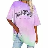 UHouse Tshirt Damen Elegant T Shirt Casual Longshirt Mode Motiv Bekleidung Los Angeles Oberteile Sommer Bluse Oberteile Frau Lockere Top Baumwolle Tee Shirts Blusen Lila 4XL