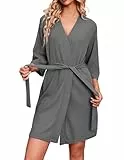 Ekouaer Bademäntel für Damen Waffelstrick Morgenmantel Lässig Robe Hochzeit weich leicht knielang Loungewear Dunkel Grau L