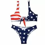 TSWRK Damen Bikini Set, Streifen US Amerikanische Flagge, Vorne Gebunden, Push up Gepolstert, Zweiteiliger Badeanzug Bademode