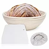 Clheatky Gärkörbchen Rund, 23cm Gärkorb Set Aus Natürlichem Peddigrohr Proofing Basket Brotkörbchen Brotform für Brot Backen Fasst 1kg Teig mit 1 Leineneinsätze, Schaber