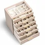VLANDO Schmuckkästchen mit 6 Ebenen, Schmuckkasten, Schmuckaufbewahrung, Schmuck Organizer mit Glasdeckel,für Halsketten, Ohrringe, Uhren, Armbänder, Modern,Milchkaffee