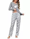 Litherday Schlafanzug Damen Lang Baumwolle Pyjama Set Winter Langarm Loungewear Nachtwäsche mit V-Ausschnitt Taschen für Teenager Mädchen Grau Schaf M