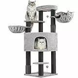 Yaheetech Kratzbaum groß, Katzenbaum für große Katze, Katzenkratzbaum mit 2 Katzenbürsten & Decken, 11 cm d Dicke Sisalstämme, große Plattformen & Höhle, 56 x 56 x 160 cm, Hellgrau & Schwarz