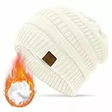 Durio Mütze Damen Winter Strickmütze Grobstrick Warme Beanie mit Innenfutter Elfenbein