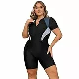 Odizli Badeanzug Damen Große Größe für Mollige Frauen Sport Bauchweg Schwimmanzug mit Bein Kurzarm/Ärmellos Blumen Druck Neopren Kurz Neoprenanzug Rashguard Surfer Bademode Surfanzug Grau 4XL