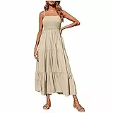 Spaghetti Träger Kleid Damen Sommer Strandkleid Elegant Lang Midikleid Ärmellos Sexy Sommerkleid Einfarbig Hohe Taille Trägerkleid Swing A Linie Partykleid Teenager Mädchen Shirtkleid
