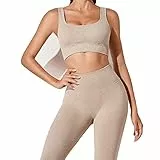 Workout-Outfits für Frauen 2-Teiliges Set,Nahtlos Yoga-Outfits Hohe Taille Leggings+Sport-BH Damen Trainingsanzüge Set(Khaki,S)