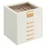 SONGMICS GISELLA Kollektion - Schmuckkästchen mit Glasdeckel, Schmuckkasten mit 6 Ebenen, Schmuckbox, 5 Schubladen, Schmuckaufbewahrung, modern, Geschenkidee, wolkenweiß-golden JBC176W01V1