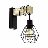 EGLO Wandlampe Townshend 5, Vintage Wandleuchte im Industrial Design, Retro Lampe aus Stahl und Holz, Farbe Schwarz, braun, Fassung E27, FSC zertifiziert