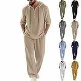 Herren Jogginganzug Set Sommer Baumwolle 2 Teilier Trainingsanzug Langarm Poloshirt und Hose Freizeitanzug Sportanzug Einfarbig Casual Outfit mit Knöpfen und Kapuze für Alltag