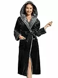 vislivin Bademantel Damen mit Kapuze Flauschig Bademantel Lang Warm Morgenmantel Fleece Robe Women Black M