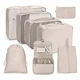 OSDUE Koffer Organizer Set 8-teilig, Packing Cubes, Wasserdichte Reise Kleidertaschen, Packtaschen für koffer, Kofferorganizer Reisetasche mit Kosmetiktasche, Schuhbeutel, USB Kabel Tasche (Beige)