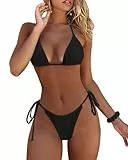 RXRXCOCO Sexy Brazilian Bikini Damen Set Triangel String Oberteil Bikini Tanga Bademode Schwarz Size S