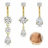 WillTen 3Pcs Bauchnabelpiercing Gold Chirurgenstahl, 14G 10mm Dangly Nabel Ringe Bauchnabel Piercing für Frauen, Klare CZ Teardrop Herz Baumelnden Bauch Knopf Schmuck