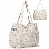 Jcocylse Shopper Tasche Damen | Cord Tasche Damen & Tote Bag mit vielen Taschen – Multifunktional Tasche für Einkauf, Arbeit, Uni, Reisen und Alltag (rosa Schleife)