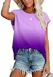 ANCAPELION Damen Casual T-Shirt Kurzarm Sommer Tops Lose Oberteile Rundhals Basic Bluse mit Tasche Farbverlauf lila L