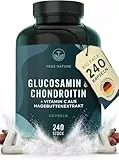 Glucosamin Chondroitin hochdosiert - 240 Kapseln mit 2600mg Glucosamin & Chondroitin pro Tag - mit Vitamin C (trägt zur normalen Kollagenbildung bei) - Pharmazeutische Qualität - TRUE NATURE
