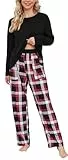 Lovasy Schlafanzug Damen Lang Schlafanzughose Karierte Pyjama Set Langarm Rundhals Winter Schlafanzüge für Damen Zweiteiliger mit Taschen,Schwarz,XL