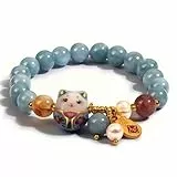 Damen Armband mit Glückskatze Anhänger, Blau Kristall Perlen, Keramik Katze Schmuck, Feng Shui Schutzarmband für Wohlstand & Energie