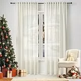 WOLTU 2er Set Gardinenn, Schiebegardine für Wohnzimmer Schlafzimmer, mit Kräuselband, Leinenoptik, Halbtransparent Voile modern, 135 x 225 cm, Creme