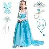 Timesun ELSA Mädchen Prinzessin Elsa Kleid Kostüm Karneval Cosplay Eisprinzessin Set aus Diadem, Handschuhe, Zauberstab, Perücke,Halskette,Ohrringe,Ringe,Handbag (Schneeflocken, 140)