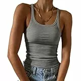 Imily Bela Damen Tops Sexy Spaghetti Tank Top mit U-Ausschnitt Basic Sommer Tanktops Slim Fit Ärmellos Oberteile Camisole Baumwolle（Grau，M）