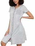 Marvmys Nachthemd Damen Kurzarm Nachtwäsche Sleepwear Stillnachthemd Baumwolle Sommer V-Ausschnitt Streifen Nachtkleid Schlafshirt Kurz Sleepshirt Knopfleiste
