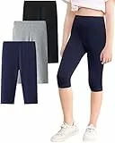 Domee Mädchen 3/4 Leggings Capri Leggings Caprihose Sommer Einfarbig 3er-Pack Schwarz + Marineblau + Hellgrau 158-164 (Herstellergröße 160)