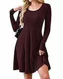 AUSELILY Langarm Strickkleid Damen Rundhalsausschnitt Pullover Kleid Gestrickt Herbstkleid Damen mit Taschen Weinrot M