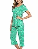 ENJOYNIGHT Schlafanzug Damen Kurz Pyjama Set Kurzarm Top mit 3/4 Lang Schlafhose Zweiteiliger Nachtwäsche S-3XL (Medium,Grüner Flamingo)