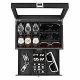 KILHS Uhrenbox Herren, Uhrenkasten mit transparentem Glasdeckel, 2 Ebenen, für 6 Uhren und 3 Sonnenbrillen, abschließbar, PU-Leder in Schwarz, Uhrenaufbewahrung für Uhren, Schmuck, Manschettenknöpfe
