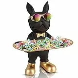 Huhote Bulldogge Skulptur Mit Tablett - Französische Bulldogge Deko, Hund Schlüssel Schale, Figur Statue für Flur, Wohnzimmer, Büro, Eingangsbereich, Desktop Ornament (Schwarz)
