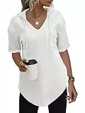 Cuptacc Hoodie Damen Kurzarm Kapuzenpullover V Ausschnitt Oberteile Waffel Strick Top Chic Weiß,L 42-44