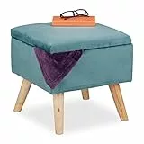 Relaxdays Samthocker mit Stauraum, gepolstert, eckig, mit Holzbeinen, Wohnzimmer Sitzhocker, HBT: 40x40x40 cm, türkis