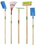 Agrarflora Kinder Gartengeräte Set 5 Teile - stabiles Gartenpielzeug aus Metall und Holz - kindergerechtes Gartenwerkzeug für Draußen - Rechen, Fächerbesen, Schaufel, Spaten und Besen