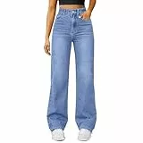 Damen Straight Leg Jeans Baggy Lang Weites Bein Jeanshosen High Waist Leichter Oversize Denimhose mit Knopfleiste Taschen Loose Warm Freizeithose Passform für Wandern (BU1, L)