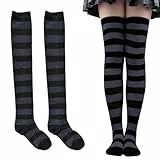 COYUN 1 Paar Unisex Kniestrümpfe, Kniestrümpfe mit Streifen, Socks Lange Sportsocken Volleyballsocken, Oberschenkelhohe Socken, Overknee Strümpfe, für Damen, Party, Kostüm, Halloween, Schwarz und Grau