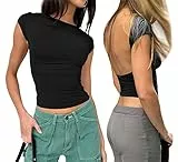 Damen Basic Kurzarm Crop Top Casual Y2K Rundhalsausschnitt Tops Slim Fit Tshirts Influencer Top Shirt(Schwarz-2,M)