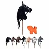 RL24 HKM - Hobby Horse Bobby inkl. Putzschwamm – Steckenpferd mit Trense – Spielpferd aus Plüsch mit Holzstock & Langer Mähne – Stockpferd ohne Griffe & Rollen – schwarz